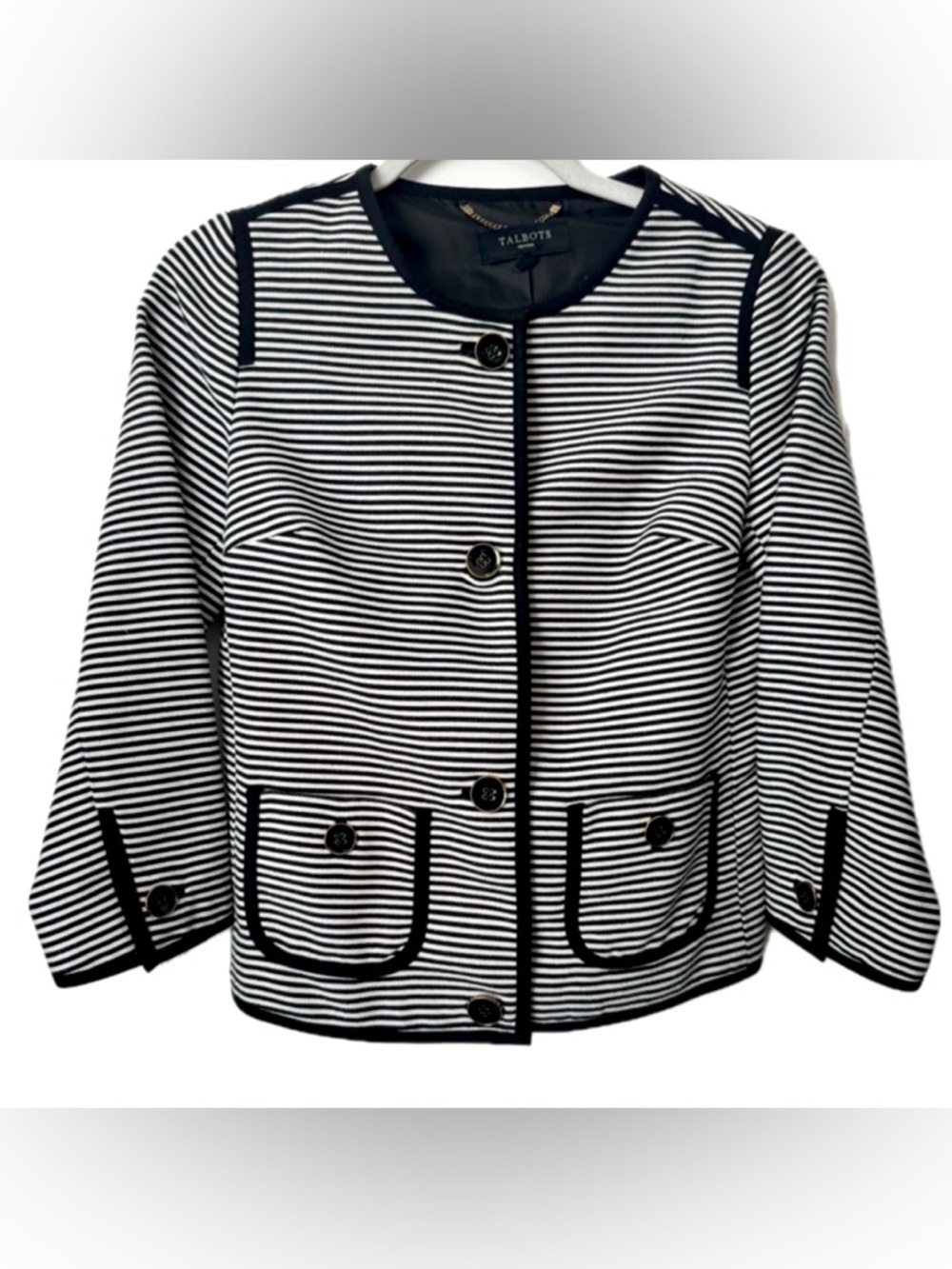 Talbots Petite Black White Striped Jacket  Preppy Classic Blazer 2P Old Money